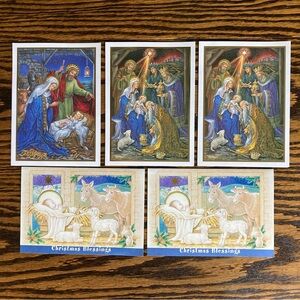 5 Unused Religious Catholic Baby Jesus Gold Foil Christmas Cards Envelopes